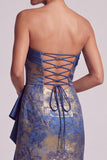 Donkerblauwe schede strapless ruches lange moeder van de bruid jurk met zijsplit