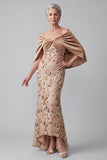 Off the Shoulder Champagne High Low Velvet Gerimpelde Applicaties Moeder van de Bruid Jurk