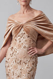 Off the Shoulder Champagne High Low Velvet Gerimpelde Applicaties Moeder van de Bruid Jurk