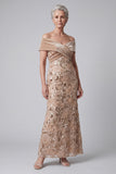 Off-the-shoulder champagneapplicaties pailletten fluwelen schede moeder van de bruid jurk