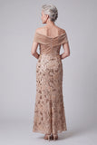 Off-the-shoulder champagneapplicaties pailletten fluwelen schede moeder van de bruid jurk