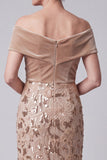 Off-the-shoulder champagneapplicaties pailletten fluwelen schede moeder van de bruid jurk
