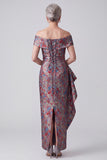 Grijze schouderloze jacquard gerimpelde jurk van de moeder van de bruid met drapering