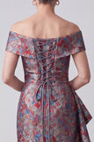 Grijze schouderloze jacquard gerimpelde jurk van de moeder van de bruid met drapering