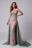 Saliegroene satijnen parels korset bloemenborduursel strapless maxi verkiezingsjurk met drapering