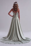 Saliegroene satijnen parels korset bloemenborduursel strapless maxi verkiezingsjurk met drapering