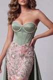 Saliegroene satijnen parels korset bloemenborduursel strapless maxi verkiezingsjurk met drapering