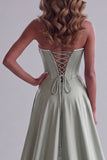 Saliegroene satijnen parels korset bloemenborduursel strapless maxi verkiezingsjurk met drapering
