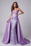 Lavendel satijn strapless korset parels zeemeermin bloemenborduurjurk met drapering