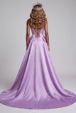 Lavendel satijn strapless korset parels zeemeermin bloemenborduurjurk met drapering