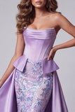 Lavendel satijn strapless korset parels zeemeermin bloemenborduurjurk met drapering
