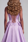 Lavendel satijn strapless korset parels zeemeermin bloemenborduurjurk met drapering