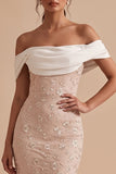 Witte en Roze Schede Off the Shoulder Bloemenborduurwerk Maxi Trouwgastenjurk