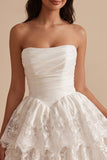 Witte gerimpelde strapless gelaagde kanten Baskische taille satijn kort wit jurkje
