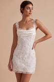 Witte Bodycon Cowl neck Bloemenapplicaties Korte Kleine Witte jurk met kant