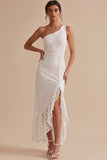 Witte schede Eenschouder Kanten Ruche, Midi Little White Jurk met split