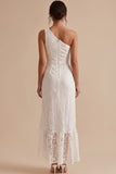 Witte schede Eenschouder Kanten Ruche, Midi Little White Jurk met split