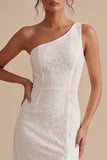 Witte schede Eenschouder Kanten Ruche, Midi Little White Jurk met split