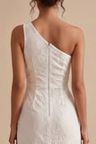 Witte schede Eenschouder Kanten Ruche, Midi Little White Jurk met split