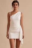 Witte bodycon asymmetrisch met één schouder gerimpeld kort wit jurkje