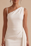 Witte bodycon asymmetrisch met één schouder gerimpeld kort wit jurkje