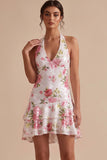 Witte halter pailletten bloemenjurk met hoge tot lage homecoming jurk