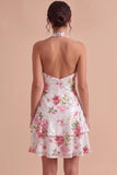 Witte halter pailletten bloemenjurk met hoge tot lage homecoming jurk
