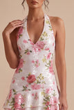 Witte halter pailletten bloemenjurk met hoge tot lage homecoming jurk