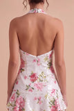 Witte halter pailletten bloemenjurk met hoge tot lage homecoming jurk