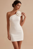 Witte Bodycon Eén-schouder Kort Klein Wit Jurkje met 3D-bloem