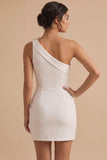 Witte Bodycon Eén-schouder Kort Klein Wit Jurkje met 3D-bloem