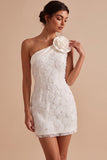 Witte Bodycon Eén-schouder Kort Klein Wit Jurkje met 3D-bloem