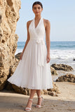 Witte A-Line halter chiffon midi trouwjurk met sjerp