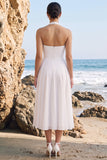 Witte A-Line halter chiffon midi trouwjurk met sjerp