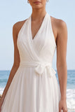 Witte A-Line halter chiffon midi trouwjurk met sjerp