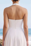 Witte A-Line halter chiffon midi trouwjurk met sjerp