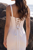 Witte Zeemeermin Satijn Tule Korset Sweetheart Gerimpelde Midi Trouwjurk
