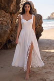 Witte A-lijn Sweetheart gerimpelde Chiffon midi trouwjurk met kanten zijsplit