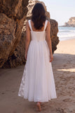 Witte A-lijn Sweetheart gerimpelde Chiffon midi trouwjurk met kanten zijsplit