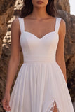 Witte A-lijn Sweetheart gerimpelde Chiffon midi trouwjurk met kanten zijsplit