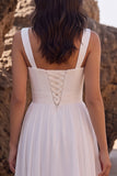 Witte A-lijn Sweetheart gerimpelde Chiffon midi trouwjurk met kanten zijsplit