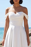Witte a-lijn off-shoulder gerimpelde satijnen theelange trouwjurk met kant