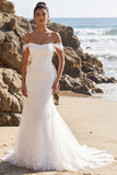 Witte zeemeermin met off-the-shoulder geappliqueerde tule lange trouwjurk