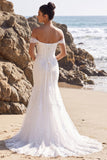 Witte zeemeermin met off-the-shoulder geappliqueerde tule lange trouwjurk