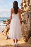 Witte A-lijn strapless gerimpelde theelange tule trouwjurk met applicaties