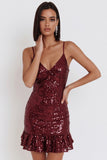 Bordeauxrode pailletten Bodycon Spaghetti Straps Korte Cocktailjurk met ruches