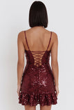 Bordeauxrode pailletten Bodycon Spaghetti Straps Korte Cocktailjurk met ruches