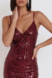 Bordeauxrode pailletten Bodycon Spaghetti Straps Korte Cocktailjurk met ruches