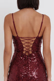 Bordeauxrode pailletten Bodycon Spaghetti Straps Korte Cocktailjurk met ruches