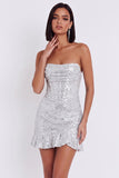 Zilveren korset strapless bodycon korte cocktailjurk met ruches